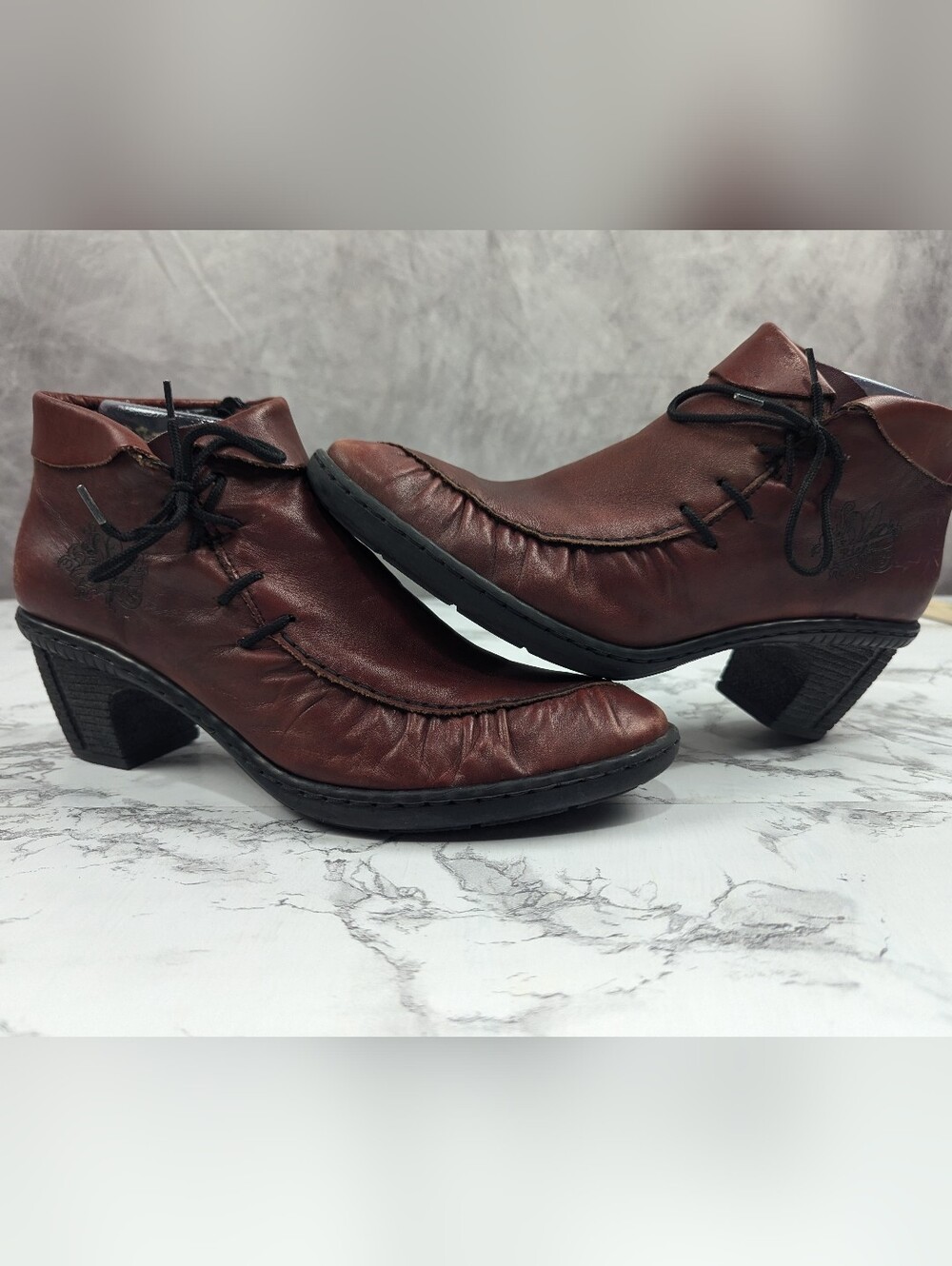 Rieker Burgundy Red Leather Lace Up Zip Block Heel Booties Sz 40
